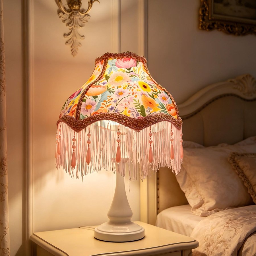 Colorful Garden Floral Print Fabric Lampshade, Pink Tassel Bead Pendant Replacement Lamp Shade for Table Floor Lamp Home Decor