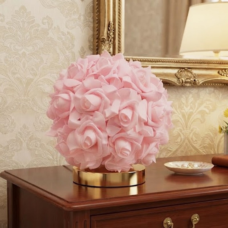 Romantic simulation rose ball USB desk lamp white powder dual color optional light luxury gold base warm light night light French elegant bedroom dressing table desktop decorative light Valentine's Day wedding anniversary home gift lighting