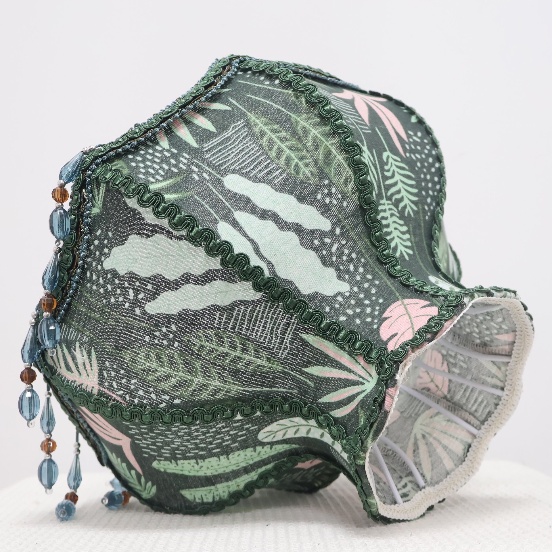 Dark Green Vintage Botanical Pattern Fabric Replacement Lampshade with Crystal Bead Tassels, French Country Style Table Lampshade