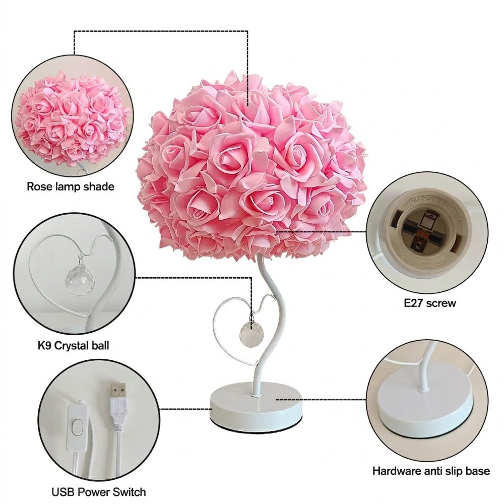 French Romantic Rose Ball Table Lamp – Girlish Heart‑Loving Crystal Pendant Desktop Night Light – Cozy Bedroom Bedside Decorative Lamp