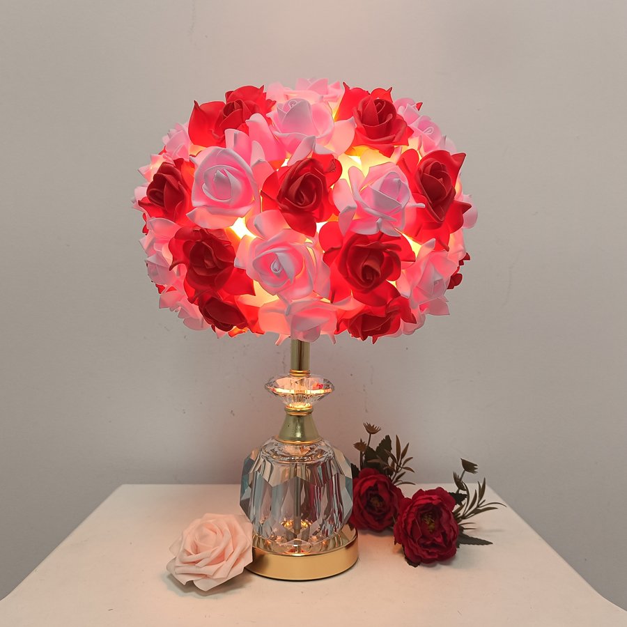Pink Rose Ball Table Lamp, Light‑Luxury Crystal Base Bedside Lamp, Atmospheric Decorative Table Lamp for Girls' Bridal Rooms, Gift‑Giving Option