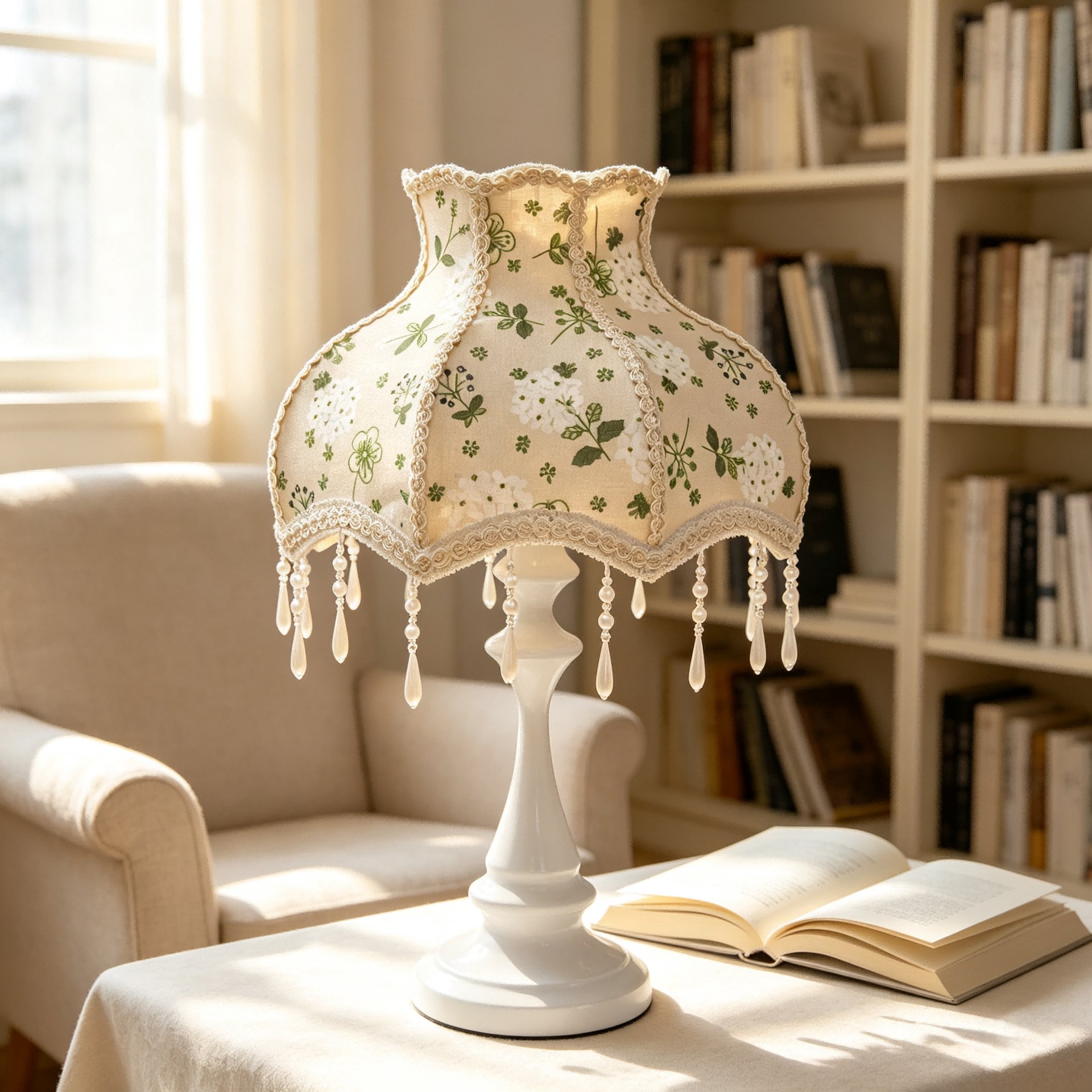 Vintage Floral Fabric Table Lamp Shade, Beige Base Green White Flower Print Lace Trim Crystal Bead Tassel Replacement Lampshade for Table Lamp, Cottage Decor Lamp Cover