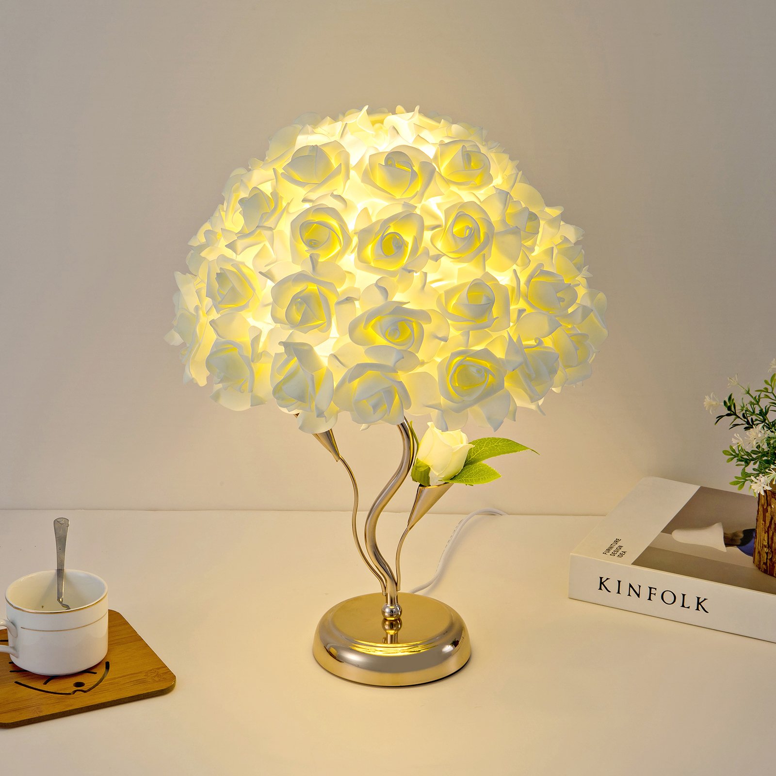 Realistic White Rose Spherical Bouquet Table Lamp with Curved Golden Stand – Luxury Floral Déc