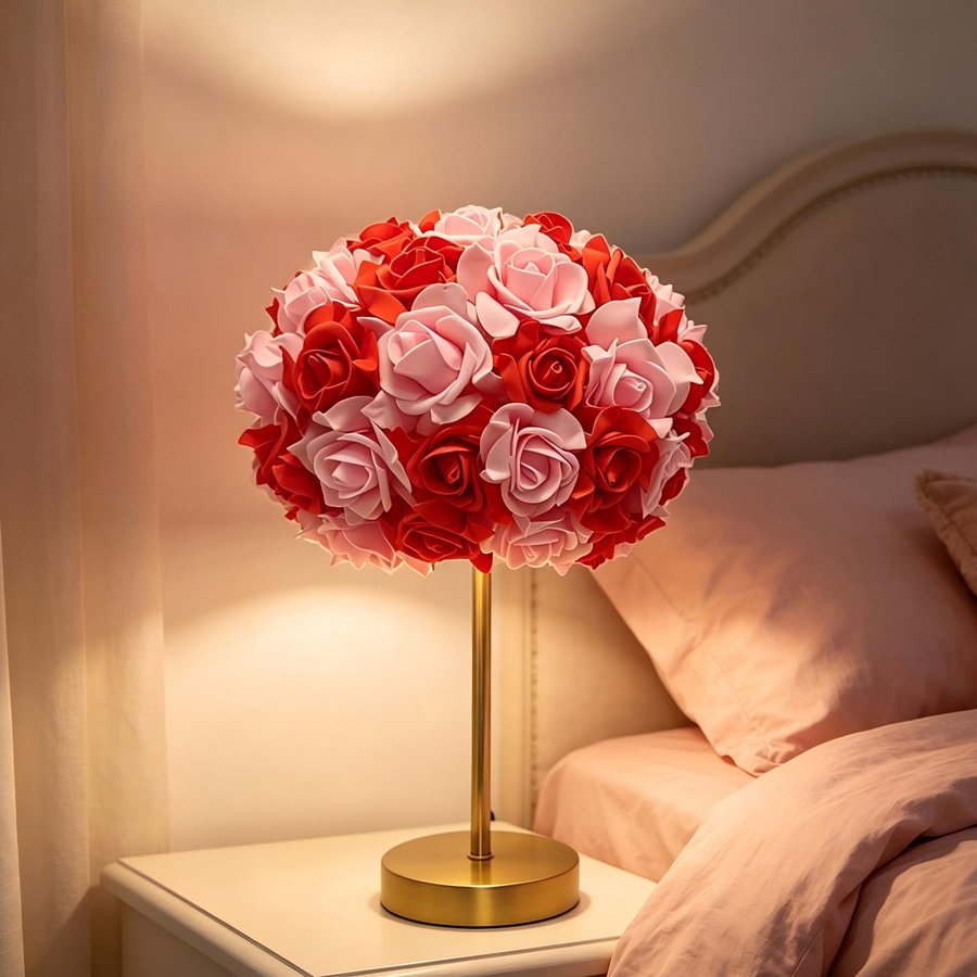 Aesthetic Rose Flower Ball Table Lamp, Romantic Floral Sphere Bedside Lamp with Gold Stand for Bedroom & Wedding Decoration