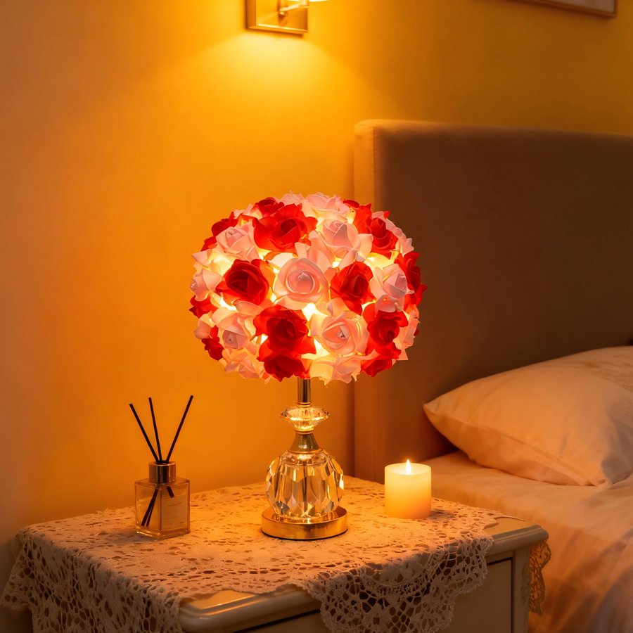 Pink Rose Ball Table Lamp, Light‑Luxury Crystal Base Bedside Lamp, Atmospheric Decorative Table Lamp for Girls' Bridal Rooms, Gift‑Giving Option