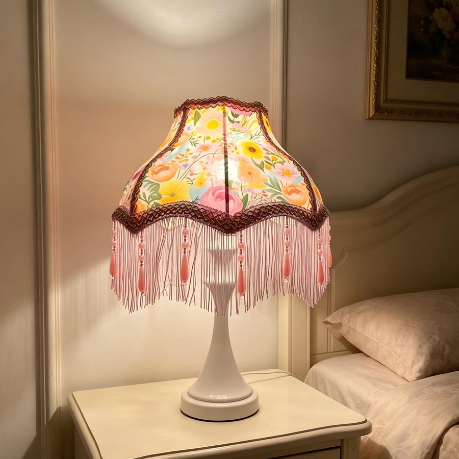 Colorful Garden Floral Print Fabric Lampshade, Pink Tassel Bead Pendant Replacement Lamp Shade for Table Floor Lamp Home Decor