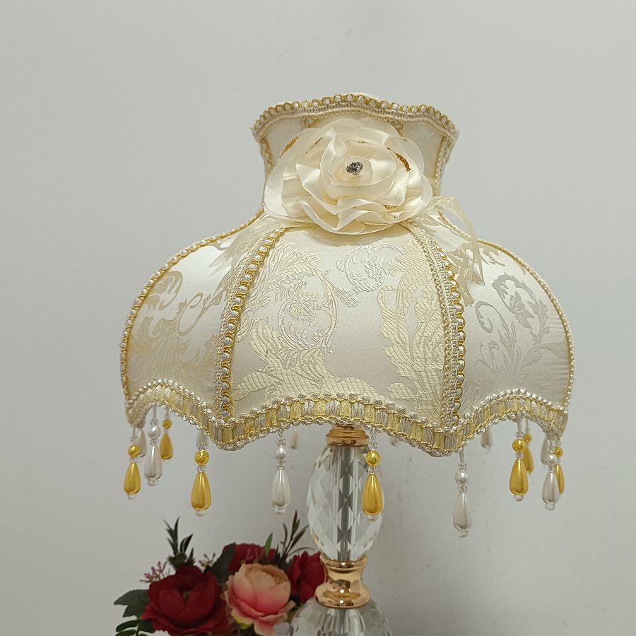 European Vintage Jacquard Fabric Lampshade, Beige‑Gold Rose Decor Bead Tassel Lamp Shade for Table Lamp Floor Lamp Home Decor