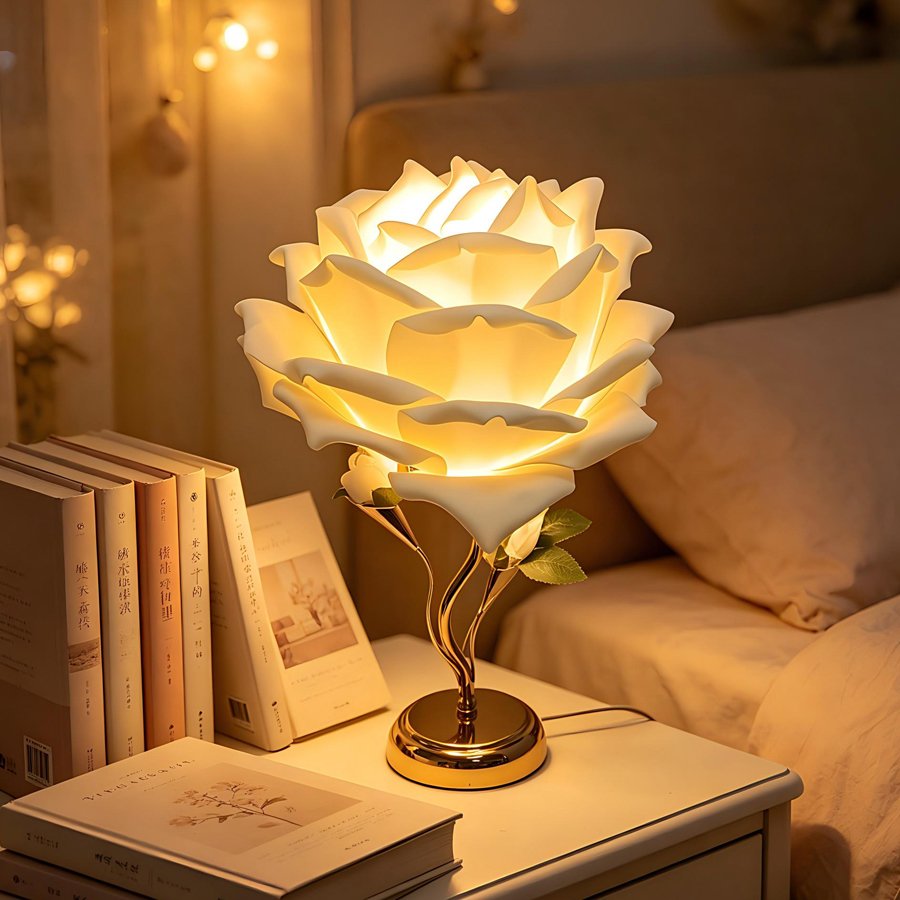 Large‑sized white rose flower table lamp, romantic floral decorative lamp, bedroom ambient bedside lamp