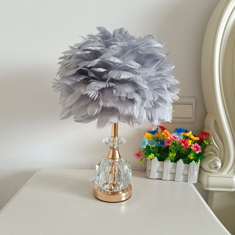 Romantic Feather Desk Lamp for Bedroom, Luxury Crystal & Gold Base Night Light, Aesthetic Cute Room Decor