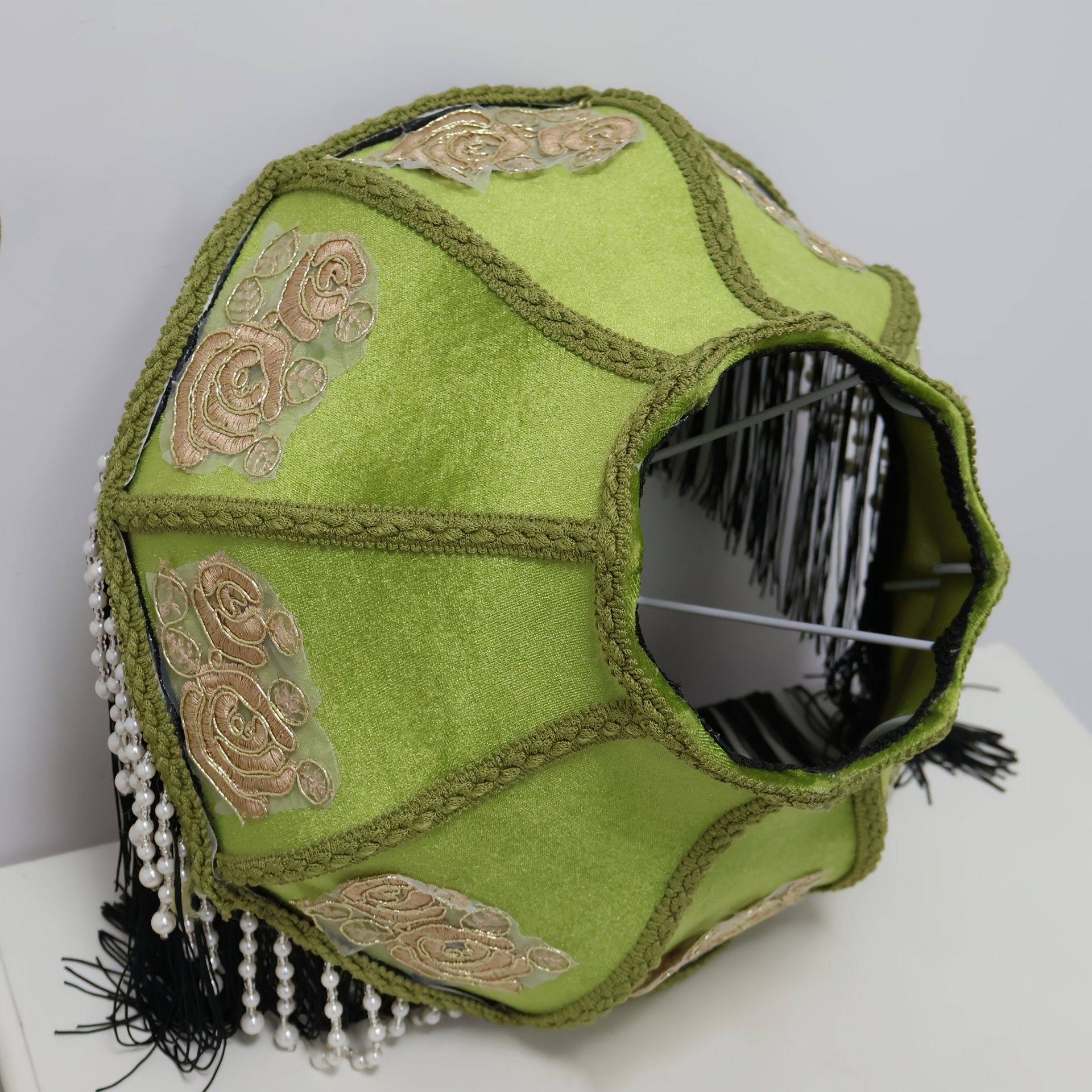 Vintage Green Velvet Lampshade With Rose Embroidery Pearl Beads and Black Tassels