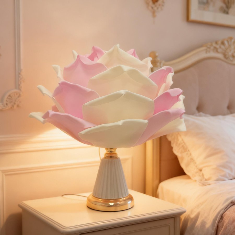 Pink‑white gradient large rose flower table lamp, ceramic‑texture base bedroom bedside lamp, romantic wedding‑room atmosphere decorative table lamp