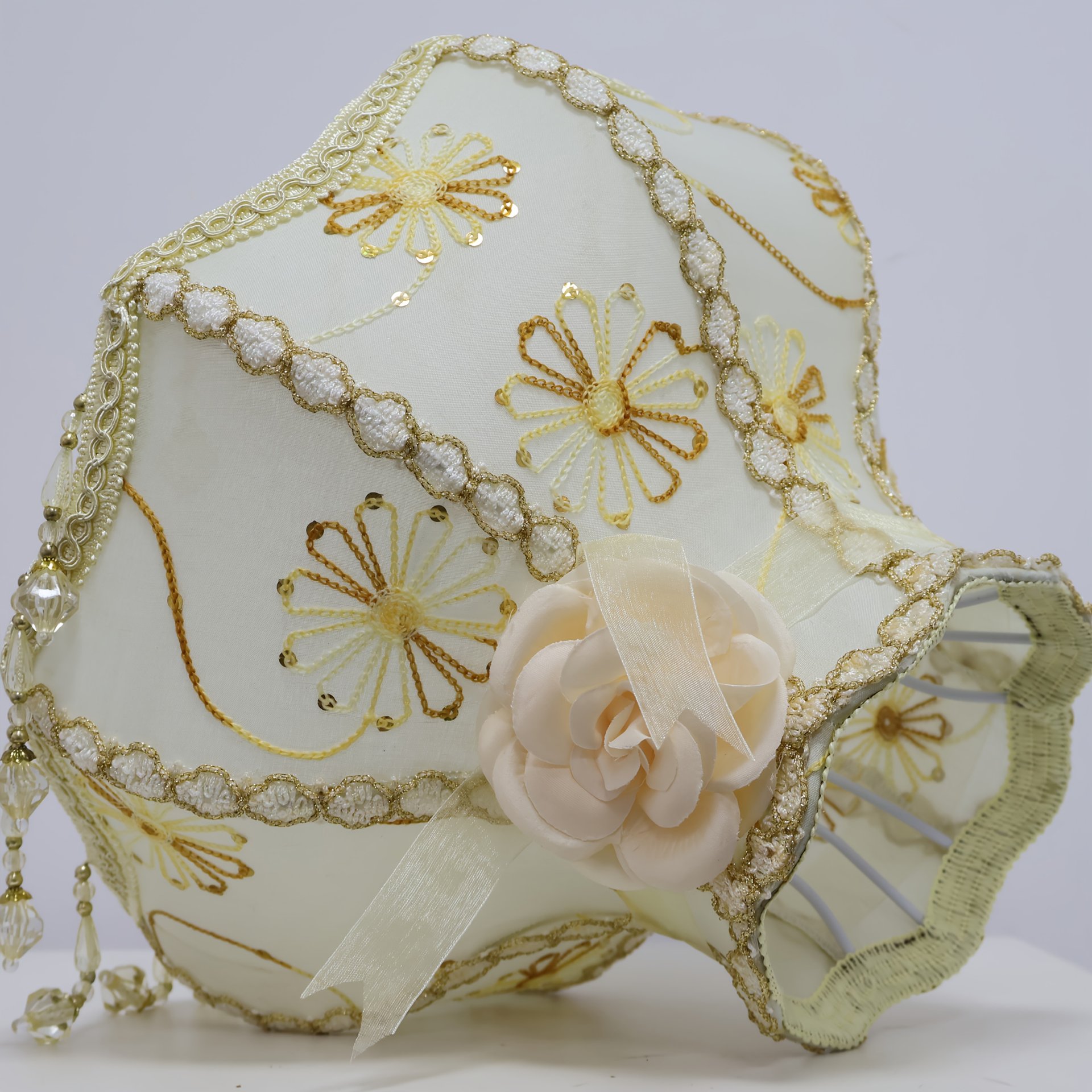 Vintage Embroidered Fabric Shade, featuring Swarovski Crystal and Mountain Tea Flower Pattern.