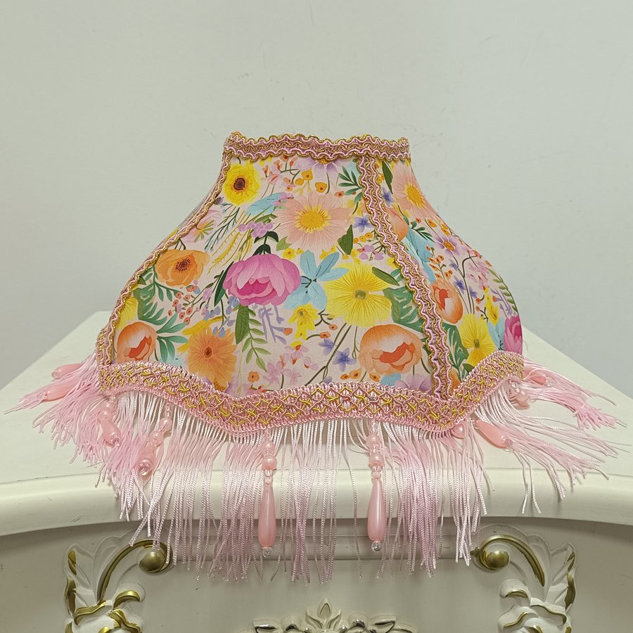 Colorful Garden Floral Print Fabric Lampshade, Pink Tassel Bead Pendant Replacement Lamp Shade for Table Floor Lamp Home Decor
