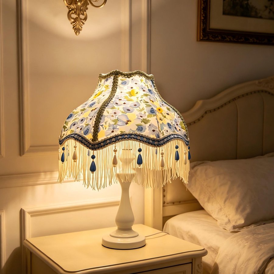 Flower‑Princess Pearl Tassel Lampshade, Girlish‑Style Wedding Room Fabric Table Lamp Shade, Decorative Replacement Shell for Atmosphere‑Creating Bedroom Table Lamp