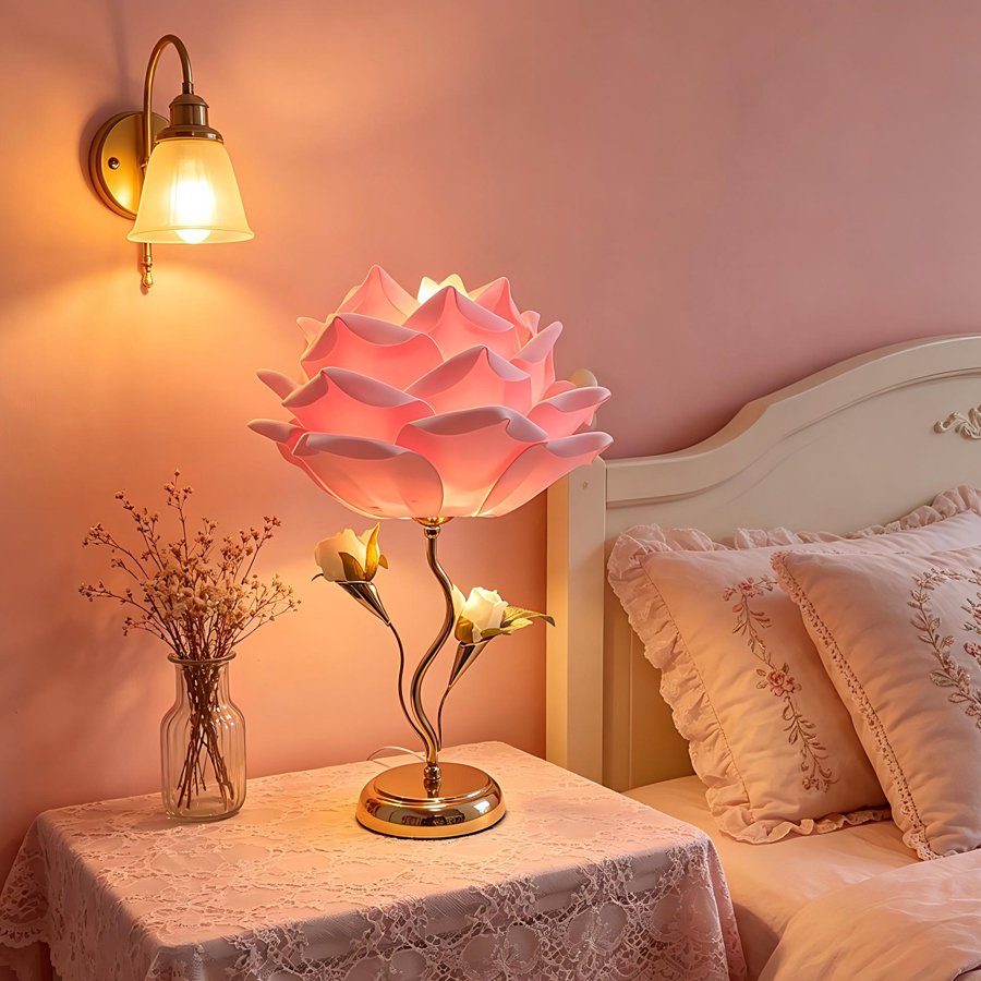 Large‑sized white rose flower table lamp, romantic floral decorative lamp, bedroom ambient bedside lamp