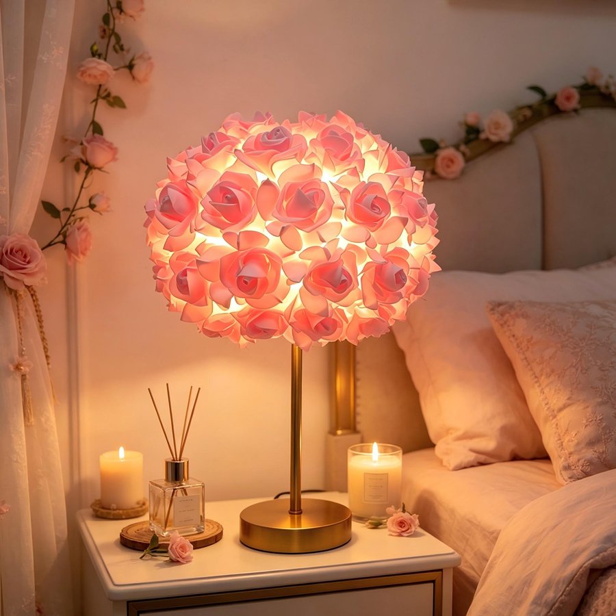 Aesthetic Rose Flower Ball Table Lamp, Romantic Floral Sphere Bedside Lamp with Gold Stand for Bedroom & Wedding Decoration