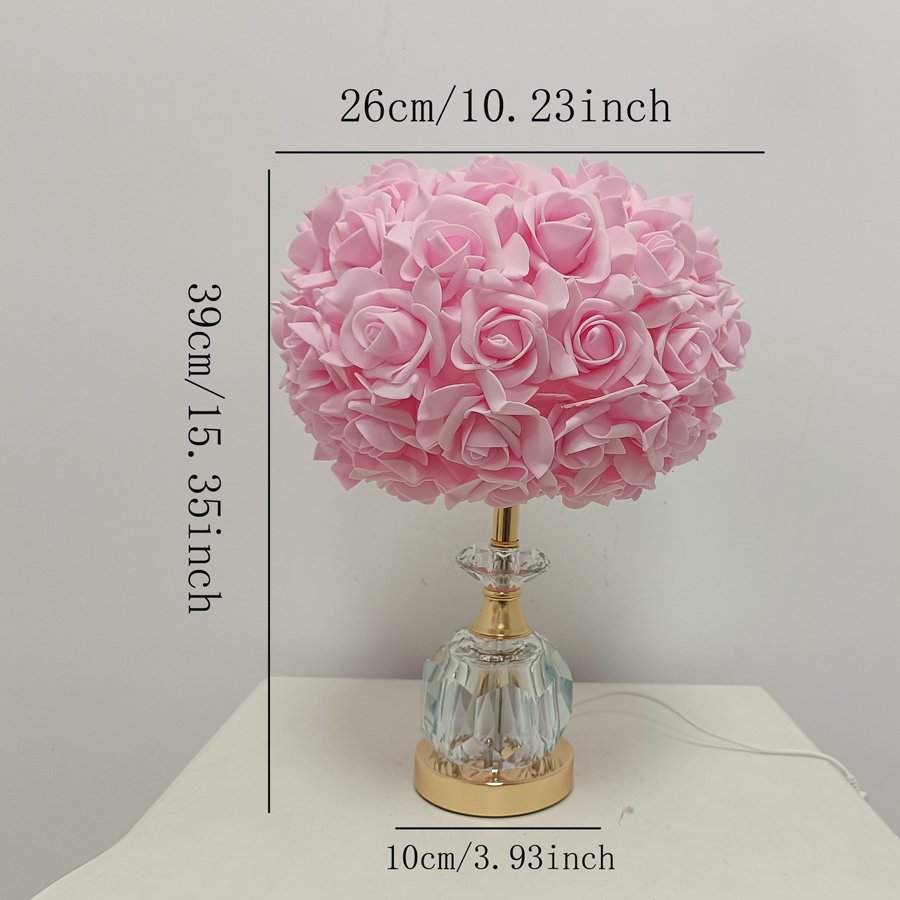 Pink Rose Ball Table Lamp, Light‑Luxury Crystal Base Bedside Lamp, Atmospheric Decorative Table Lamp for Girls' Bridal Rooms, Gift‑Giving Option