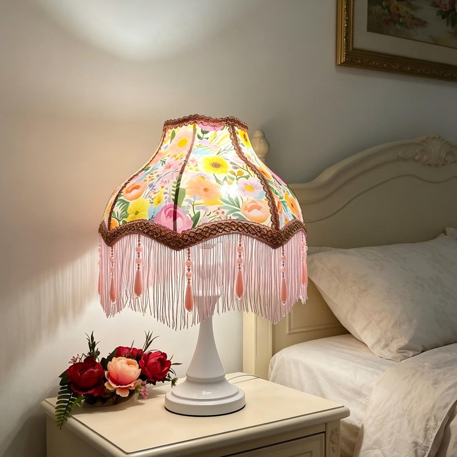Colorful Garden Floral Print Fabric Lampshade, Pink Tassel Bead Pendant Replacement Lamp Shade for Table Floor Lamp Home Decor