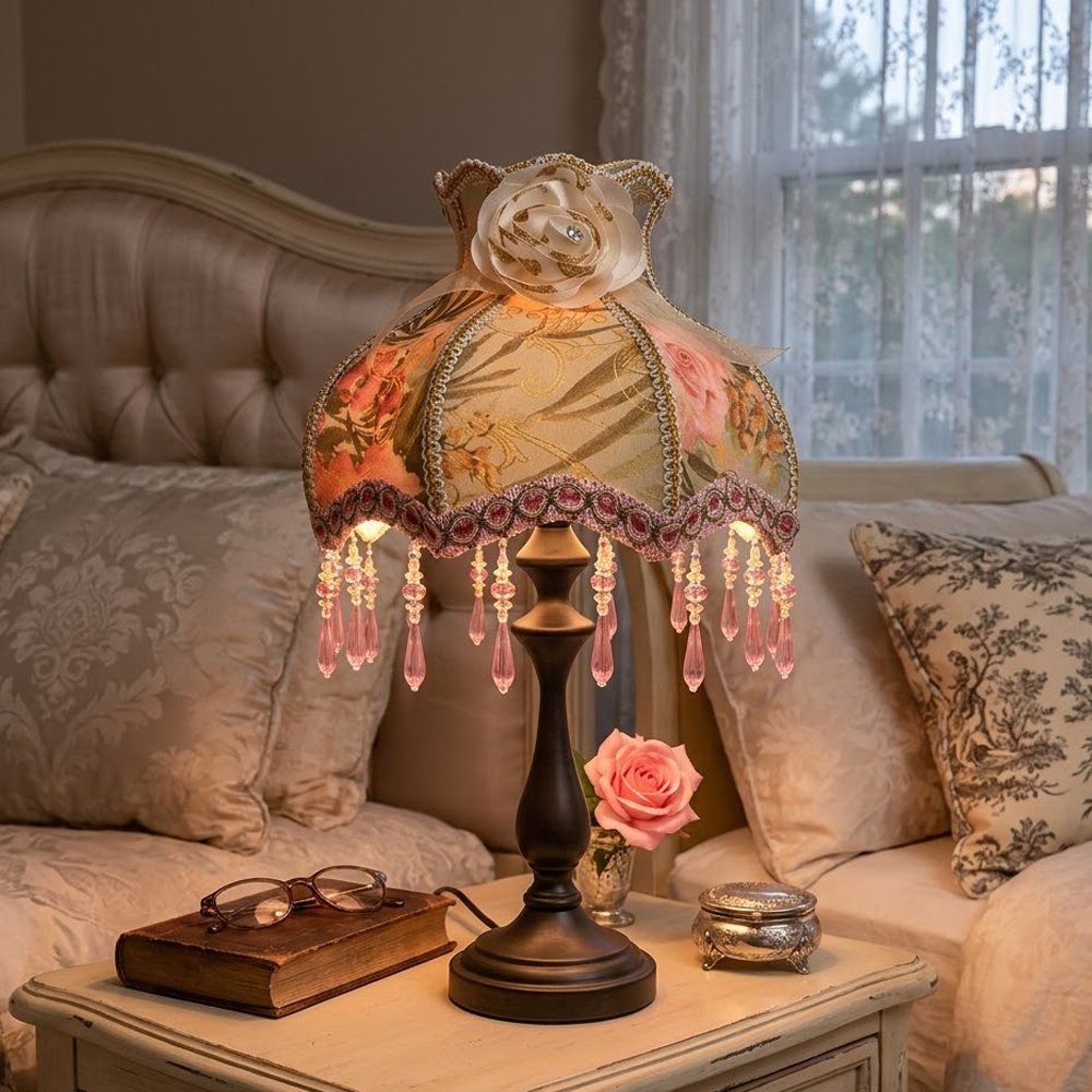 Vintage French Floral Lampshade, Luxury Jacquard Fabric Table Lamp Shade with Crystal Beaded Tassels & Rose Accent, Victorian Room Decor (Lampshade Only)
