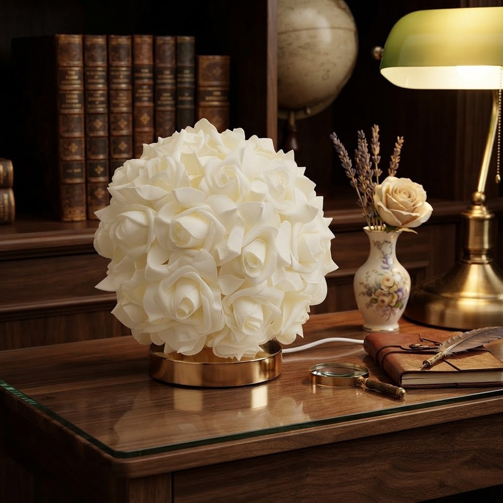 Romantic simulation rose ball USB desk lamp white powder dual color optional light luxury gold base warm light night light French elegant bedroom dressing table desktop decorative light Valentine's Day wedding anniversary home gift lighting