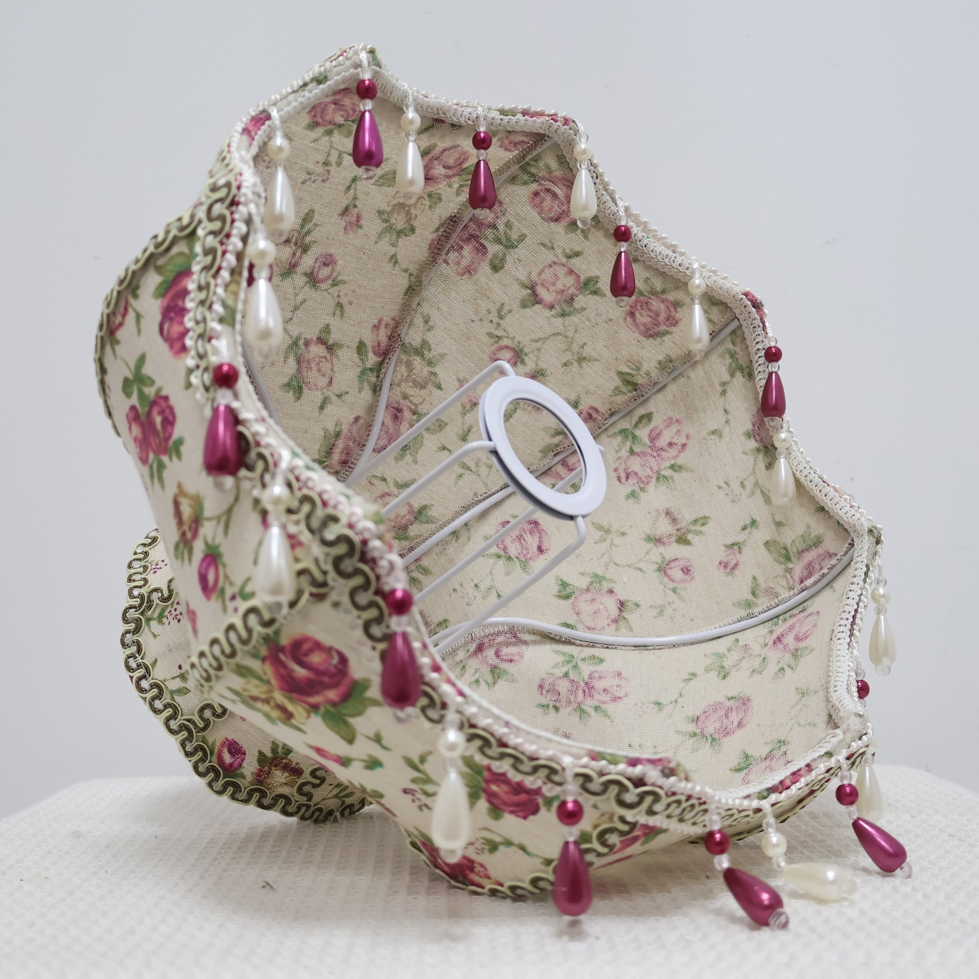 Vintage Floral Rose Linen Lampshade With Bead Tassel, French Country Cottagecore Replacement Lamp Shade For Bedside Table Lamp
