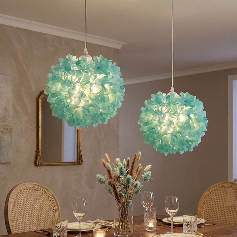 Forest‑style green hydrangea spherical lampshade, artificial flower ball lampshade, flower‑shade accessories for wedding & bedroom table lamps and chandeliers