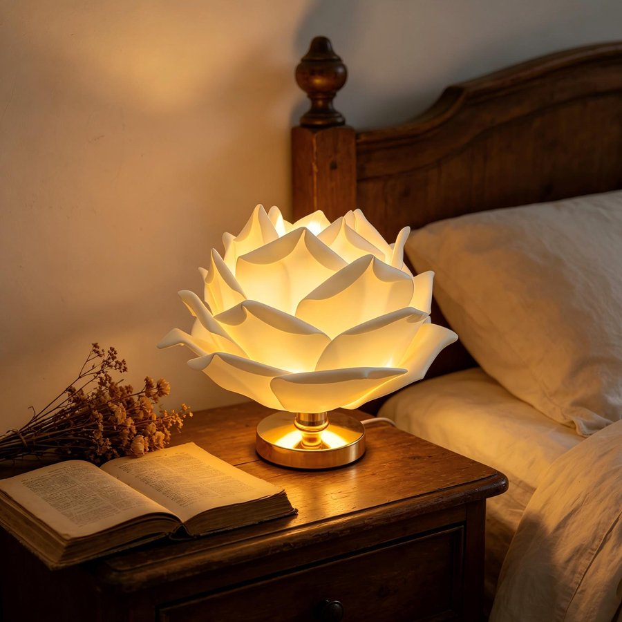White 3D Lotus Table Lamp with Large Rose Metal Glossy Base - Zen-Inspired Floral Decor for Homestay Bedrooms, Ideal Gift