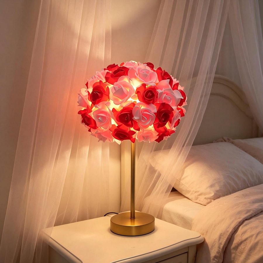 Aesthetic Rose Flower Ball Table Lamp, Romantic Floral Sphere Bedside Lamp with Gold Stand for Bedroom & Wedding Decoration