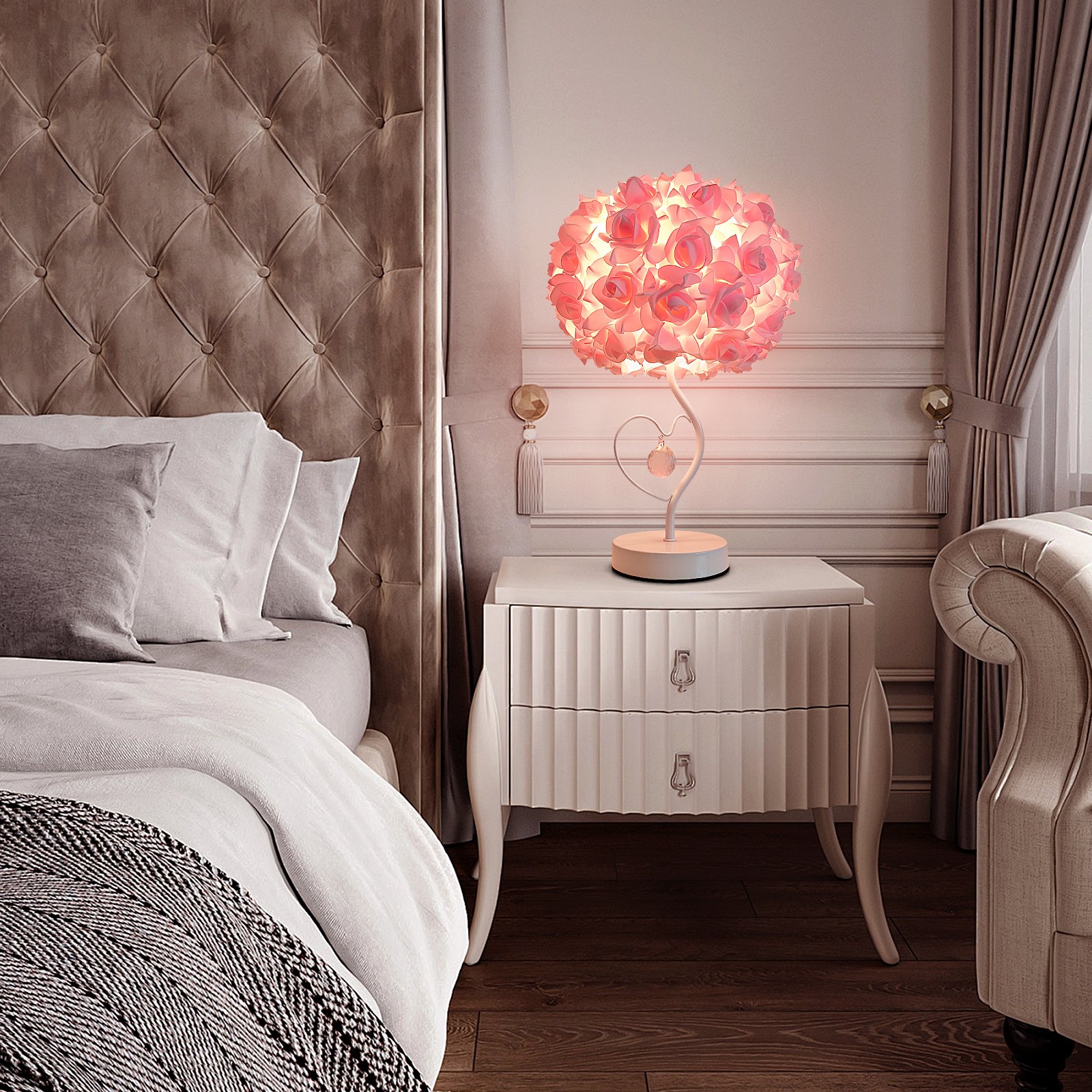 French Romantic Rose Ball Table Lamp – Girlish Heart‑Loving Crystal Pendant Desktop Night Light – Cozy Bedroom Bedside Decorative Lamp