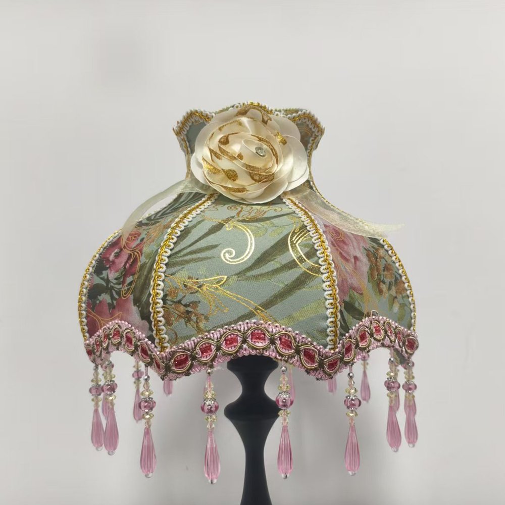 Vintage French Floral Lampshade, Luxury Jacquard Fabric Table Lamp Shade with Crystal Beaded Tassels & Rose Accent, Victorian Room Decor (Lampshade Only)