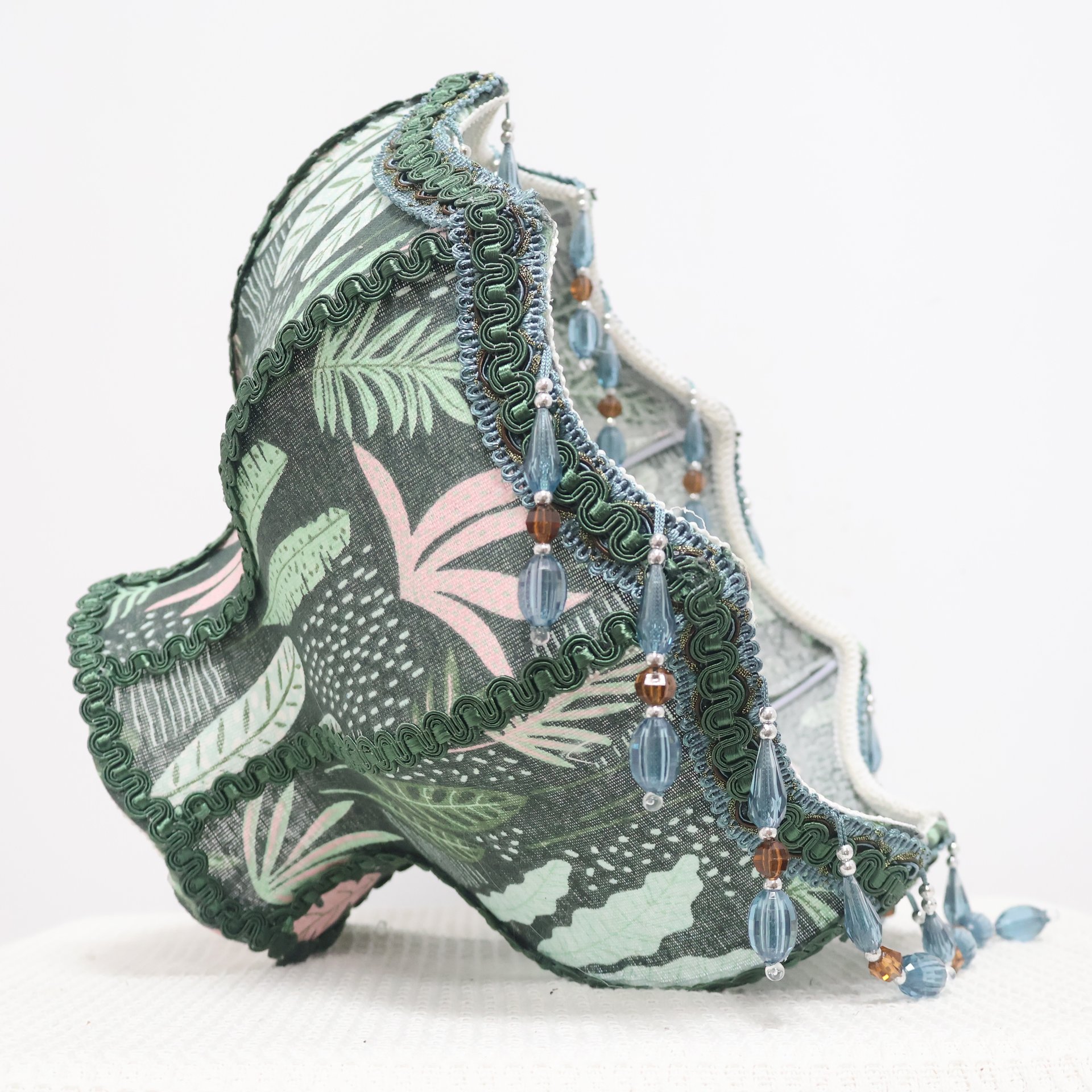 Dark Green Vintage Botanical Pattern Fabric Replacement Lampshade with Crystal Bead Tassels, French Country Style Table Lampshade