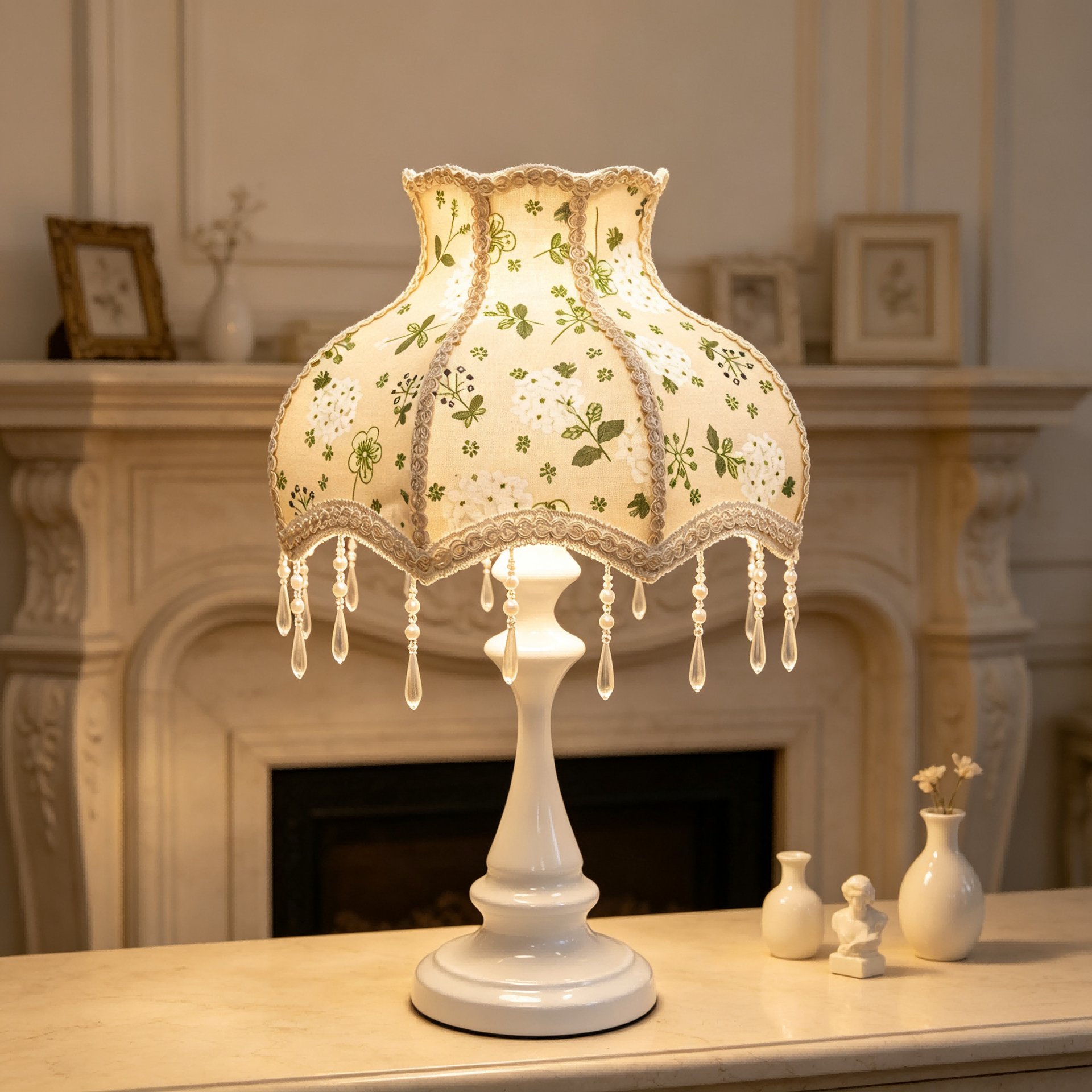 Vintage Floral Fabric Table Lamp Shade, Beige Base Green White Flower Print Lace Trim Crystal Bead Tassel Replacement Lampshade for Table Lamp, Cottage Decor Lamp Cover