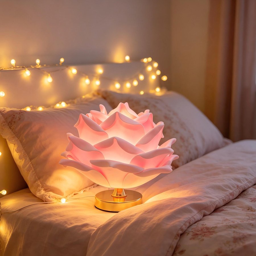 White 3D Lotus Table Lamp with Large Rose Metal Glossy Base - Zen-Inspired Floral Decor for Homestay Bedrooms, Ideal Gift
