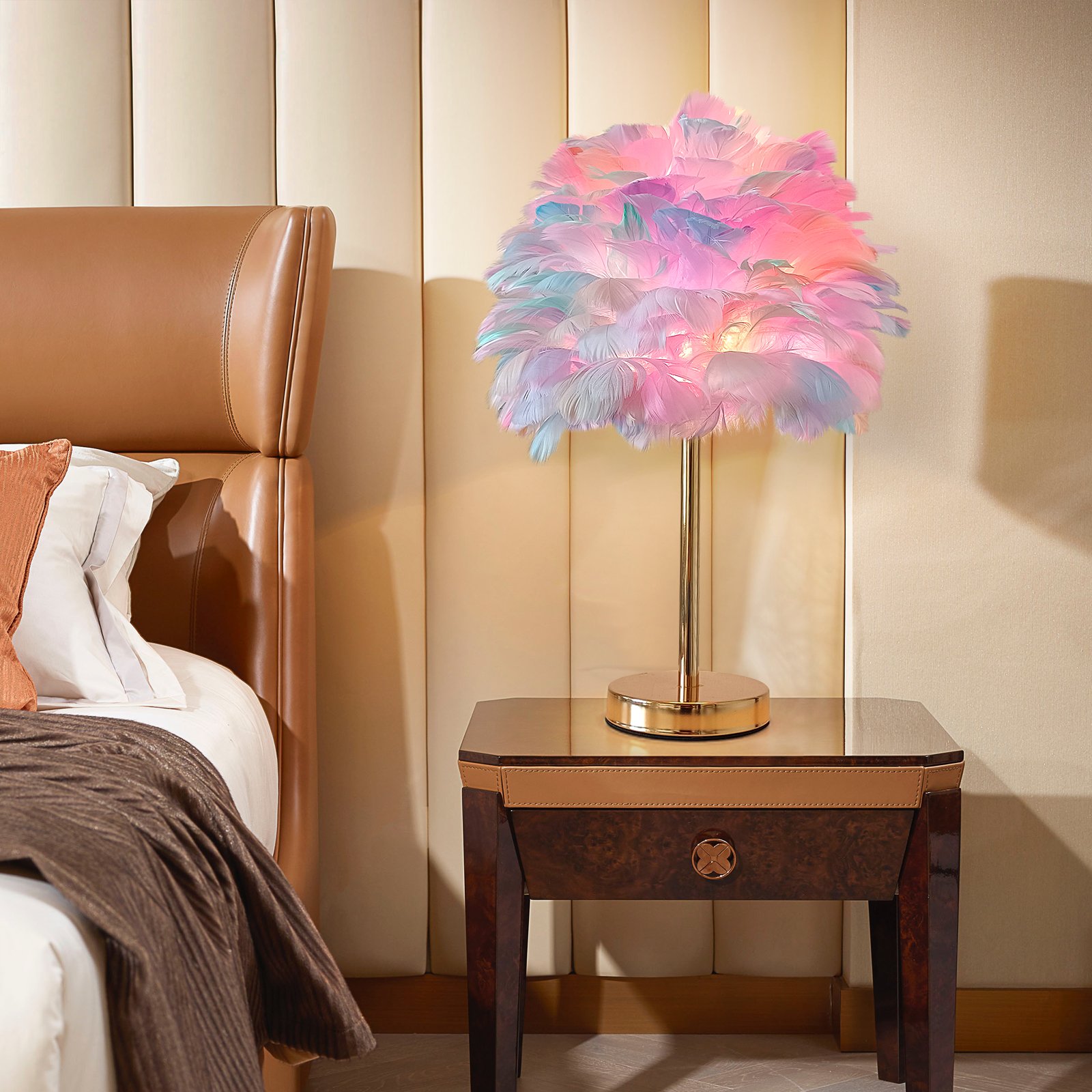 Fluffy Feather Table Lamp, Aesthetic Bedside Night Light with Gold Base & Plume Shade, Coquette Room Decor