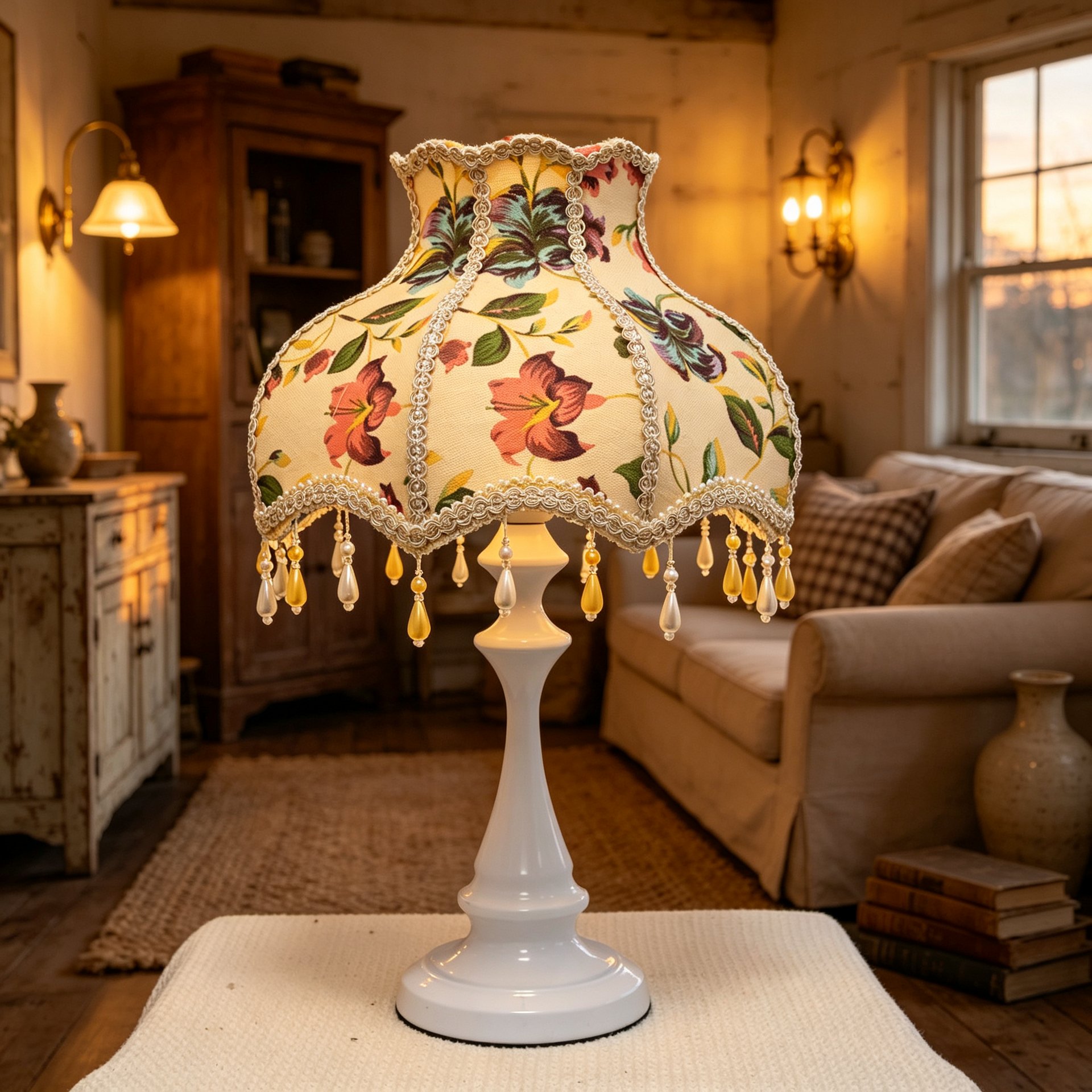 Vintage Floral Fabric Table Lamp with Bead Tassels, French Country Style Bedside Desk Lamp for Bedroom Living Room Home Decor