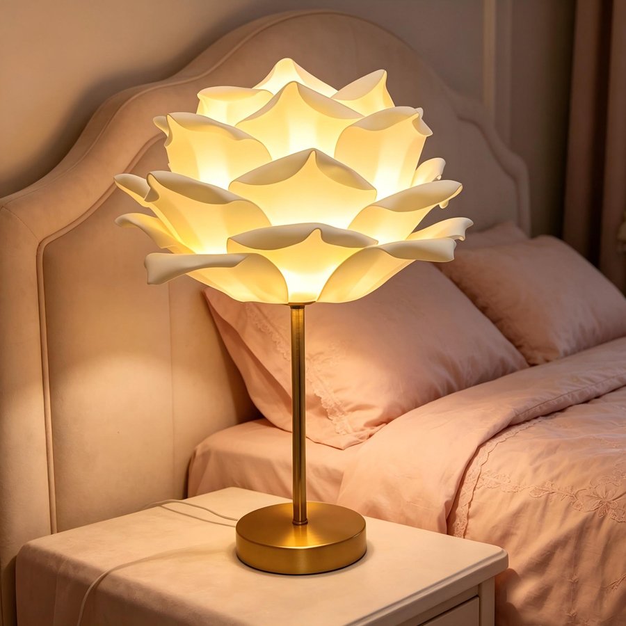Desktop Table Lamp with Simulated Large Rose‑Petal Shape, Romantic Small Table Lamp for Bridal Chamber and Homestay Decoration