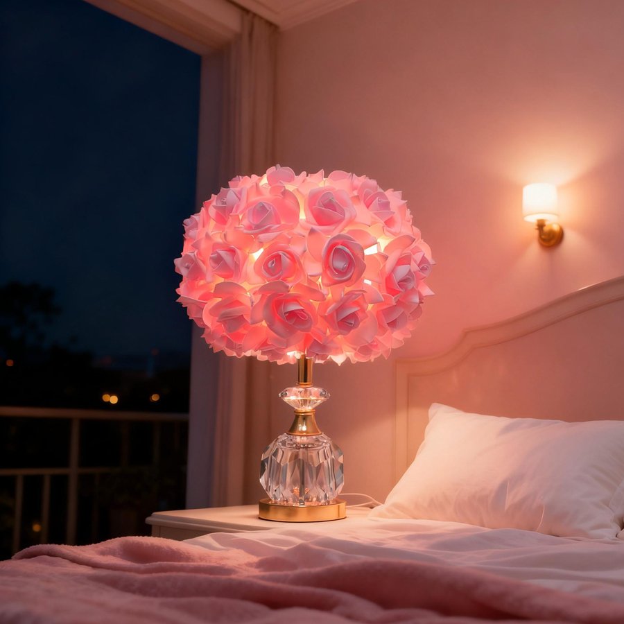 Pink Rose Ball Table Lamp, Light‑Luxury Crystal Base Bedside Lamp, Atmospheric Decorative Table Lamp for Girls' Bridal Rooms, Gift‑Giving Option