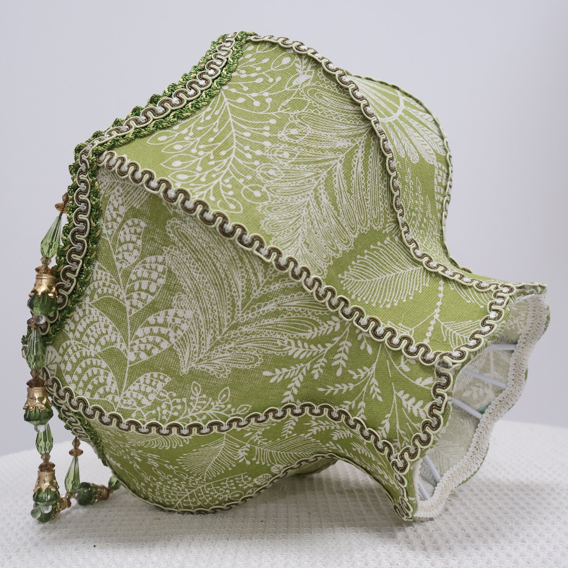 Vintage Green Botanical Embroidery Fabric Replacement Lamp Shade with Green Crystal Bead Tassels, French Country Decor Table Lamp Lampshade