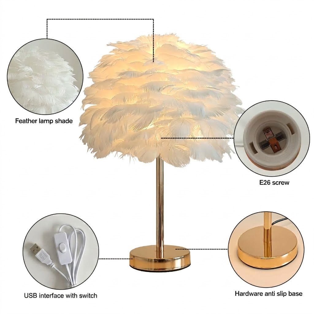 Fluffy Feather Table Lamp, Aesthetic Bedside Night Light with Gold Base & Plume Shade, Coquette Room Decor
