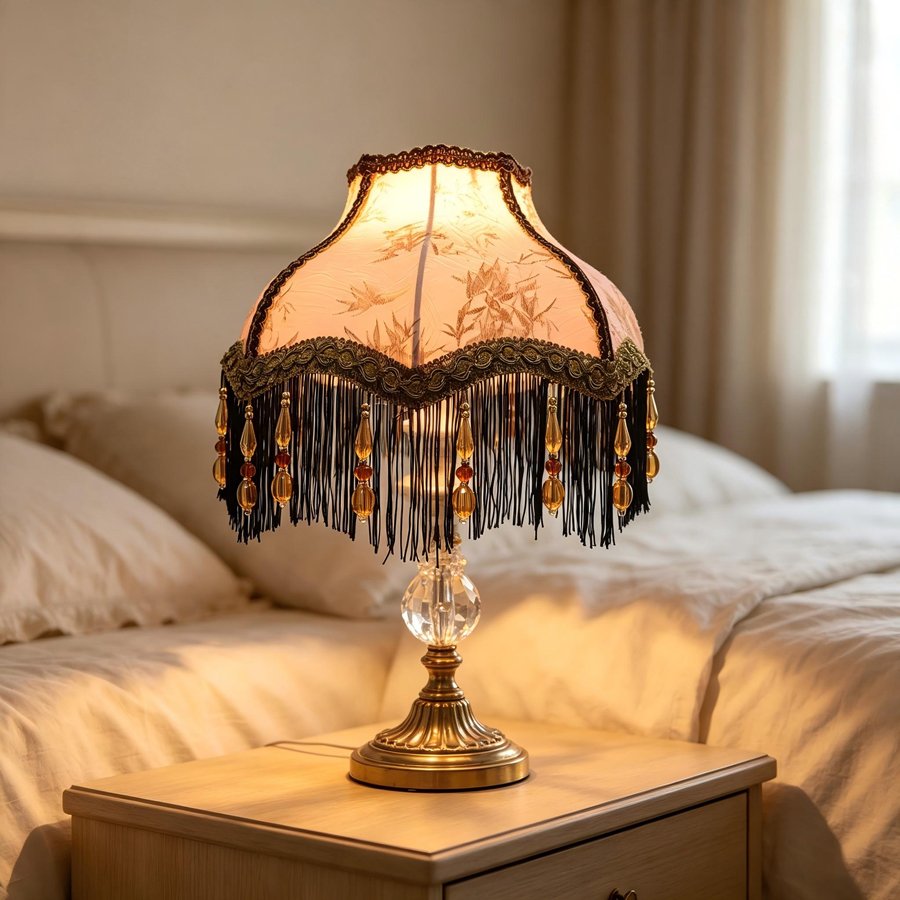 Vintage Octagonal Fabric Lampshade Pink Bamboo Jacquard Black Tassel Beaded Lamp Shade For Table Lamp Bedside Decor