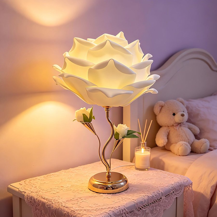 Large‑sized white rose flower table lamp, romantic floral decorative lamp, bedroom ambient bedside lamp