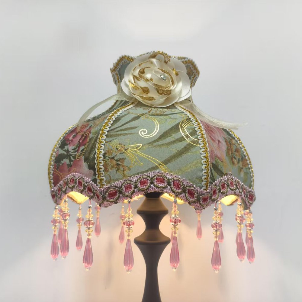 Vintage French Floral Lampshade, Luxury Jacquard Fabric Table Lamp Shade with Crystal Beaded Tassels & Rose Accent, Victorian Room Decor (Lampshade Only)