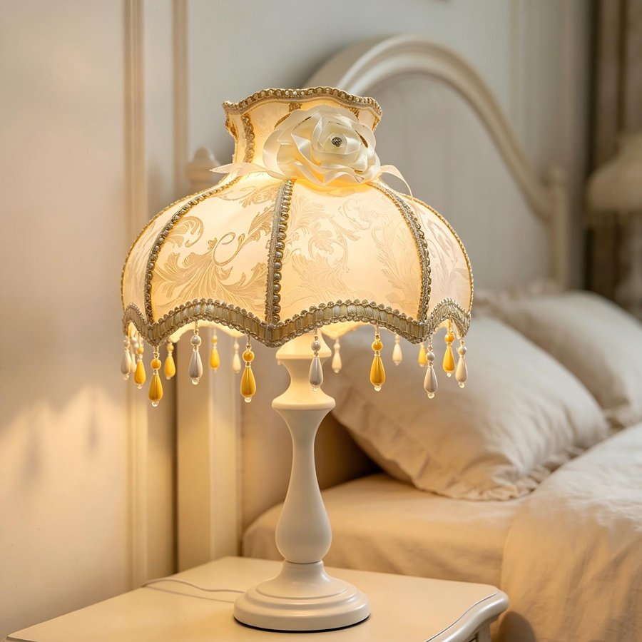 European Vintage Jacquard Fabric Lampshade, Beige‑Gold Rose Decor Bead Tassel Lamp Shade for Table Lamp Floor Lamp Home Decor