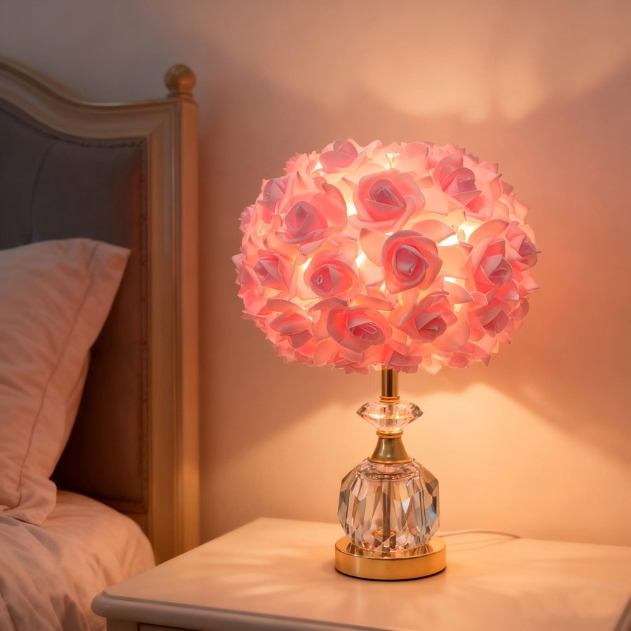 Pink Rose Ball Table Lamp, Light‑Luxury Crystal Base Bedside Lamp, Atmospheric Decorative Table Lamp for Girls' Bridal Rooms, Gift‑Giving Option