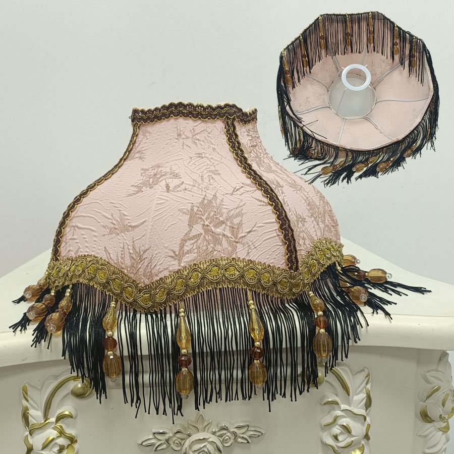 Vintage Octagonal Fabric Lampshade Pink Bamboo Jacquard Black Tassel Beaded Lamp Shade For Table Lamp Bedside Decor
