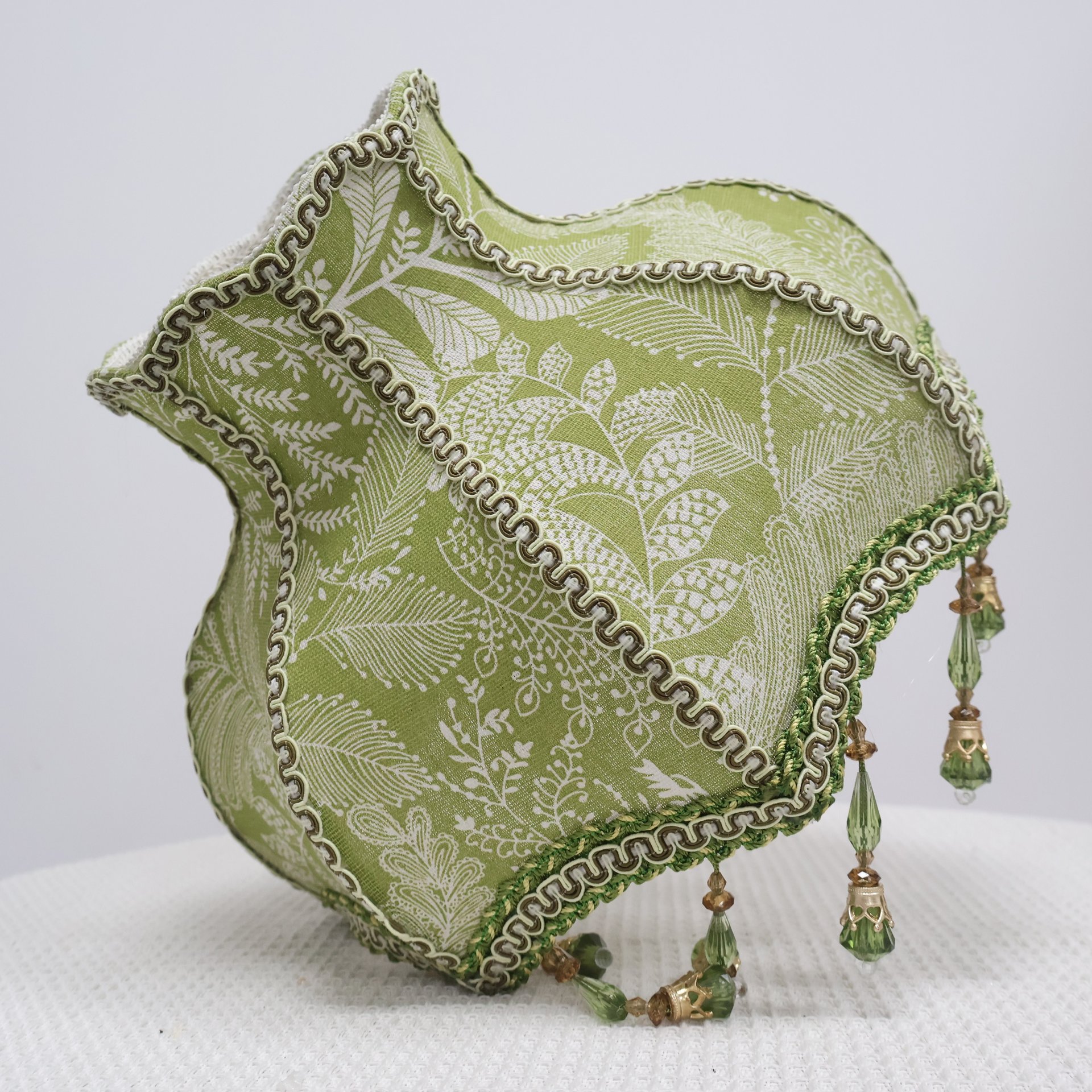 Vintage Green Botanical Embroidery Fabric Replacement Lamp Shade with Green Crystal Bead Tassels, French Country Decor Table Lamp Lampshade