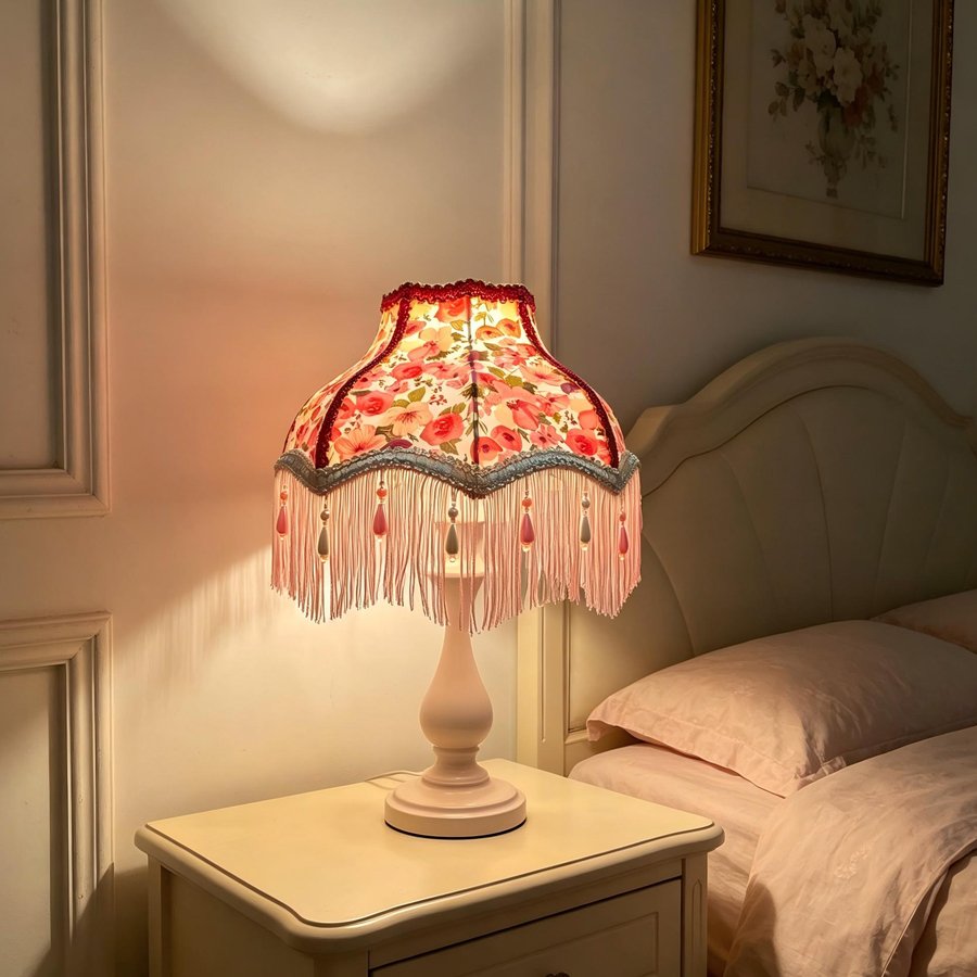 Flower‑Princess Pearl Tassel Lampshade, Girlish‑Style Wedding Room Fabric Table Lamp Shade, Decorative Replacement Shell for Atmosphere‑Creating Bedroom Table Lamp