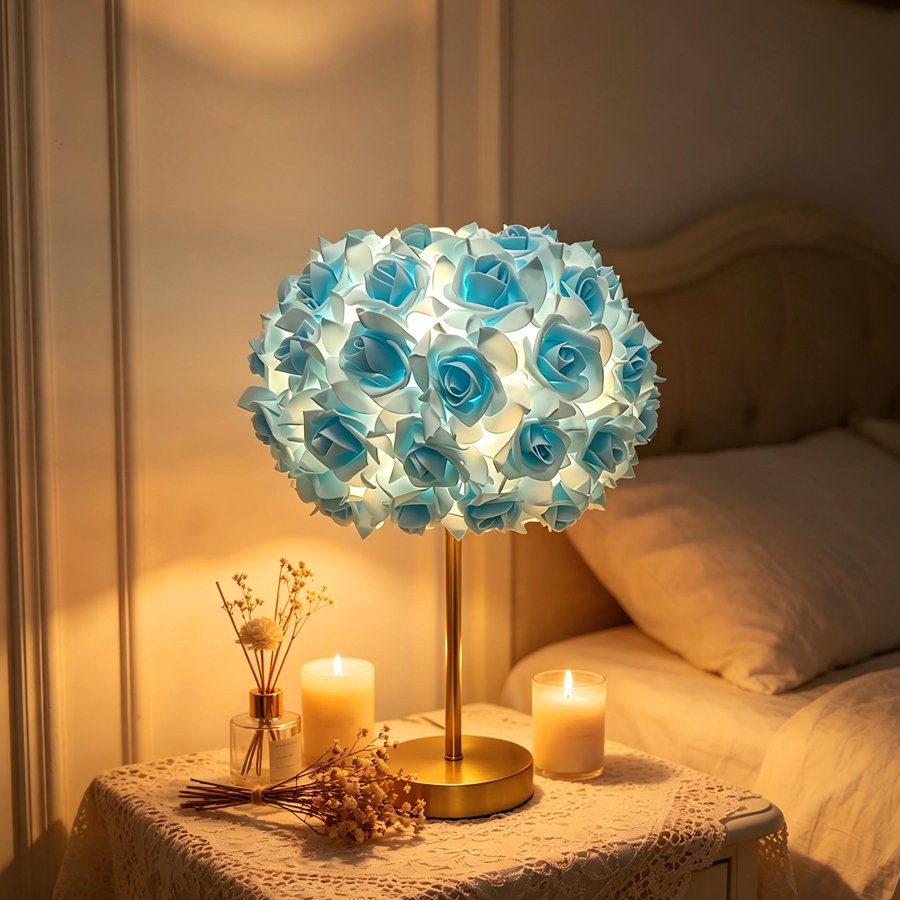 Aesthetic Rose Flower Ball Table Lamp, Romantic Floral Sphere Bedside Lamp with Gold Stand for Bedroom & Wedding Decoration