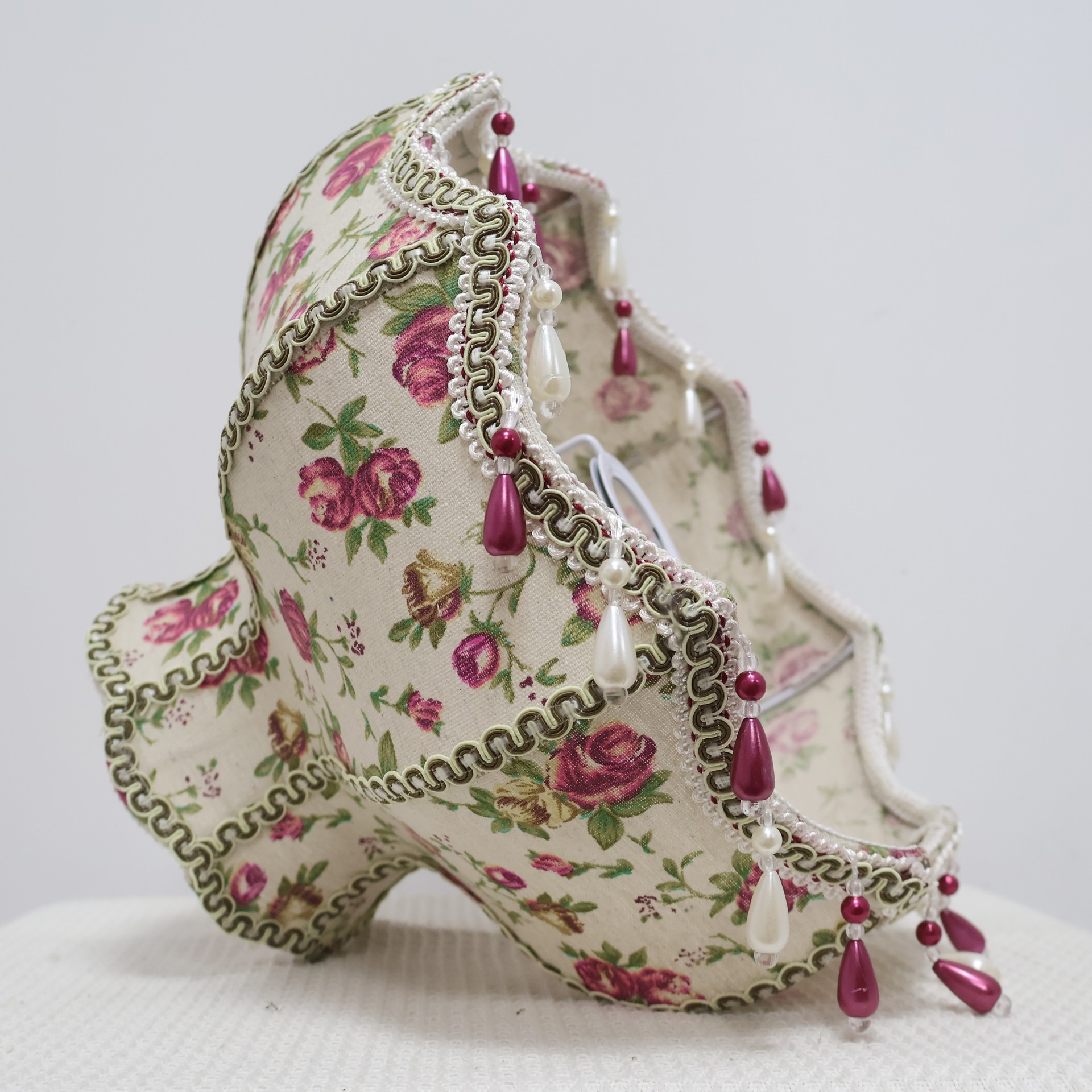 Vintage Floral Rose Linen Lampshade With Bead Tassel, French Country Cottagecore Replacement Lamp Shade For Bedside Table Lamp
