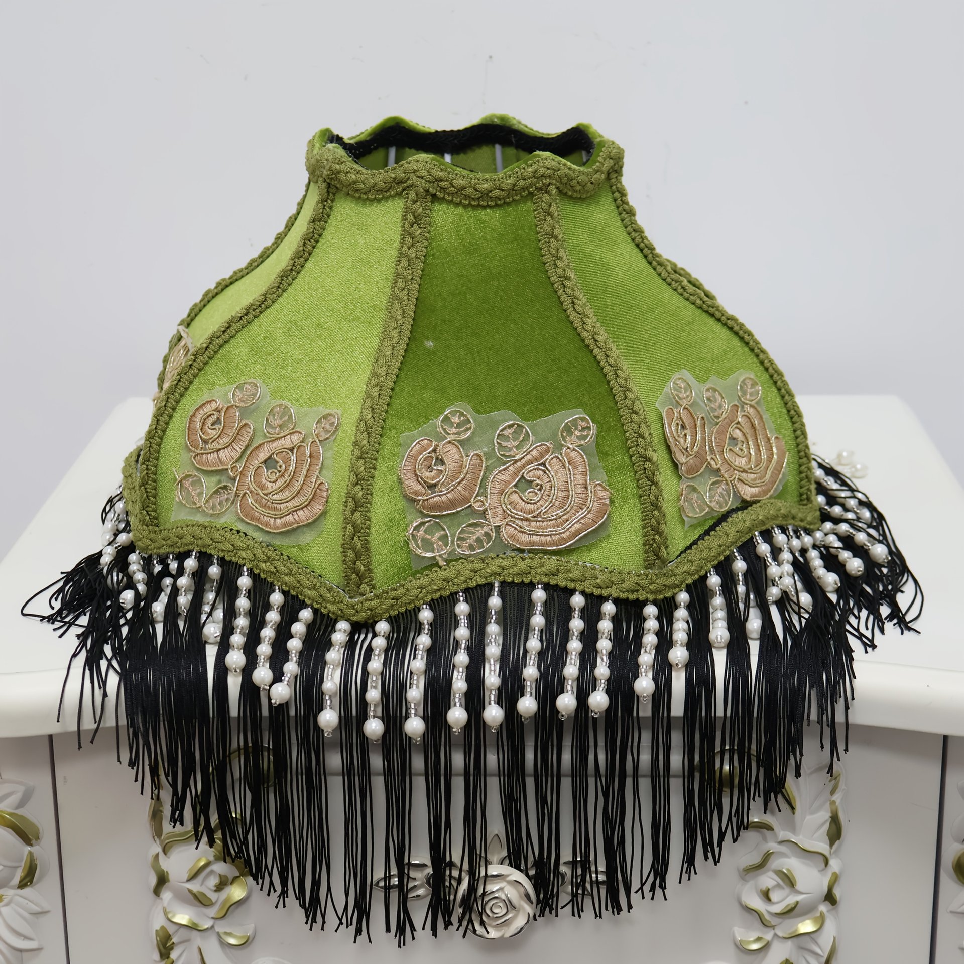 Vintage Green Velvet Lampshade With Rose Embroidery Pearl Beads and Black Tassels